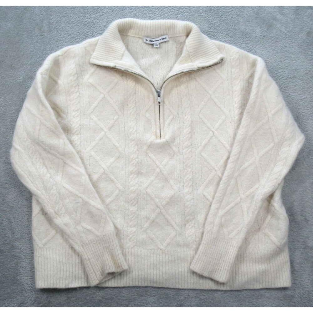 The Cashmere Project Sweater Womens Medium 100% Cashmere Cream Cable 1/4 Zip
